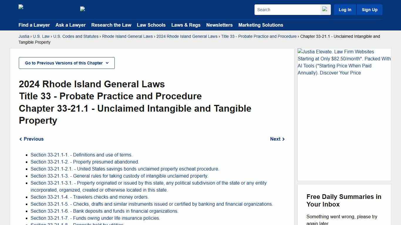 General Laws of Rhode Island Chapter 33-21.1 (2024) - Unclaimed Intangible and Tangible Property :: 2024 Rhode Island General Laws :: U.S. Codes and Statutes :: U.S. Law :: Justia